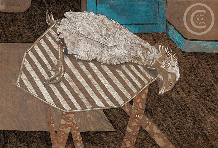 Lucian Freud "Chicken on a Bamboo Table' 1944 Pastel, Conte and Crayon on Paper 35cmx53cm