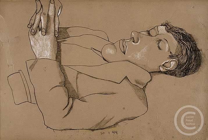 Lucian Freud 'Man with Folded Hands' 1944 Conte and Chalk on Paper 29.5cmx45cm